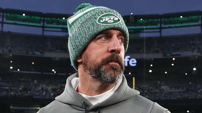 Dec 24, 2023; East Rutherford, New Jersey, USA; New York Jets quarterback Aaron Rodgers (8) on the field after the game against the Washington Commanders at MetLife Stadium.